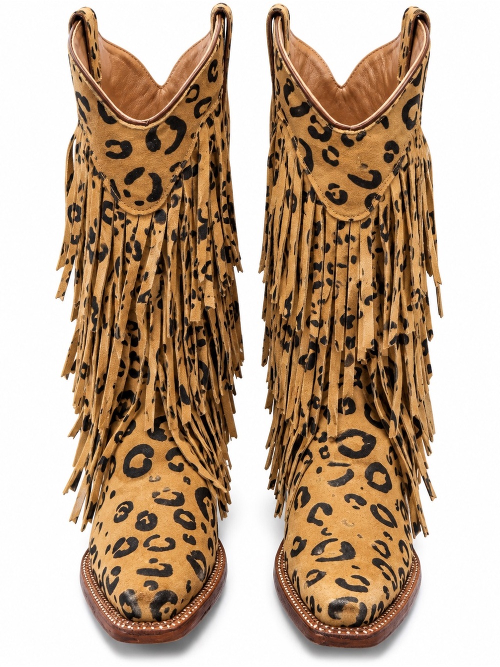 Tanner Mark Leopard Fringe Western Cowboy Boots Tan Black Snip Toe